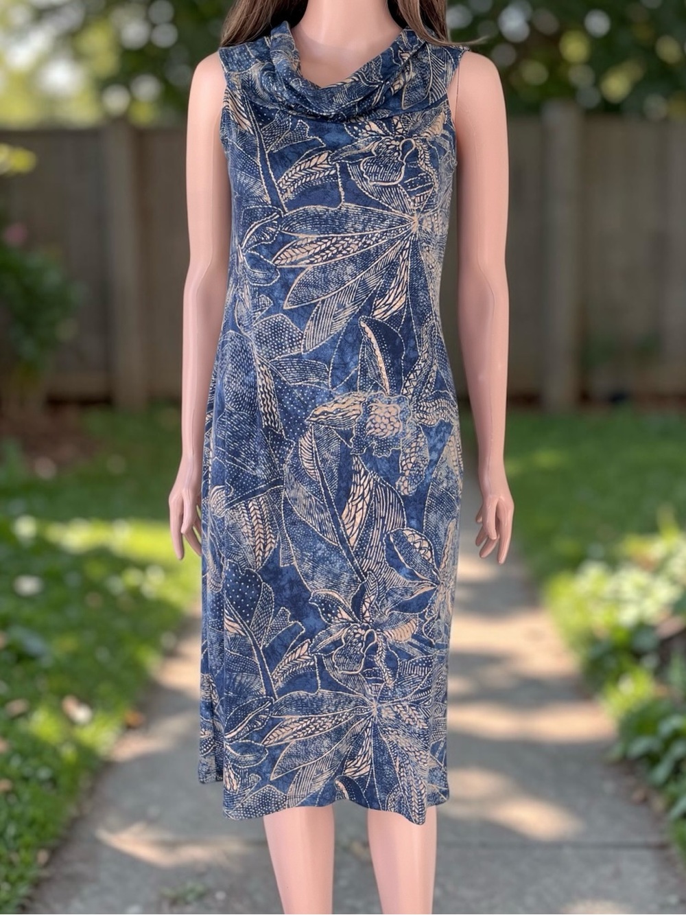 Lauren Ralph Lauren Blue Tan Floral Cowl Neck Midi Dress Sleeveless Size M